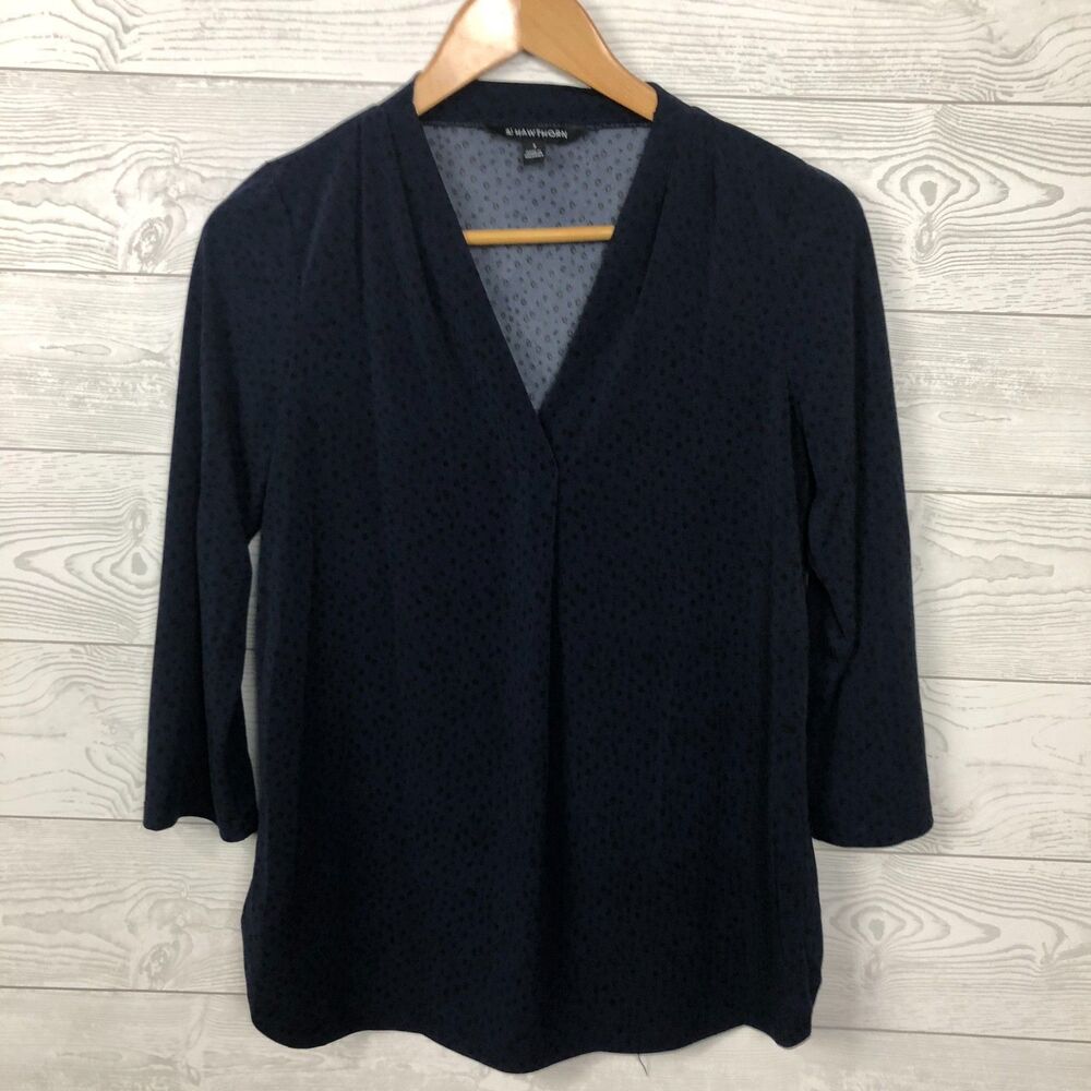 41 Hawthorn Women's Medium Printed 3/4 Sleeve V Neck Blouse Blue Black Shirt
